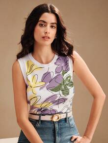 Anewsta Women's Elegant Modern Sleeveless Floral Print Tank Top, Suitable For Spring/Summer, Festival, Graduation - White - View 6