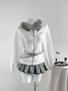 Sweetra 美式复古字母印花连帽短款拉链卫衣夹克，带毛领，秋季设计女式拉链连帽衫 - 白色 - 查看 6