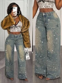Slaydiva Women's Party Fashion Multi-Pocket Casual Loose Wide-Leg Rivet Denim Pants,Fall And Winter,Women's Halloween Jeans,Y2k Punk Rivet Jeans