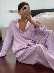 DAZY Simple Stripe Woven Label Decorated Long Sleeve Casual Top And Pants Pajama Set, Fall Winter Clothes - Purple - View 1