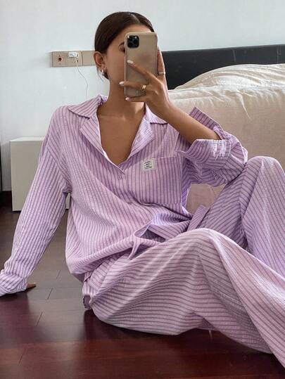 DAZY Simple Stripe Woven Label Decorated Long Sleeve Casual Top And Pants Pajama Set, Fall Winter Clothes