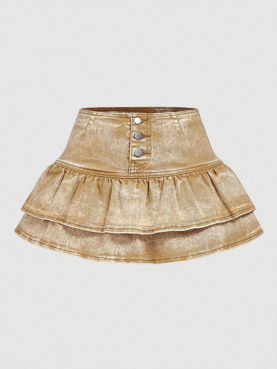 SHEIN MOD Damen Y2K Knopfverschluss Doppelrüschen Saum modische Denim Rock Hose - Khaki - Übersicht 1