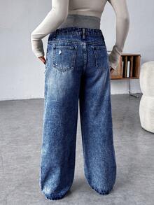 SHEIN Maternity Grey Knit Patchwork Blue Denim Loose Fit Pants - Dark Wash - View 2