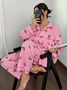 Napfluff CURVE Napfluff CURVE 趣味樱桃条纹印花加大码睡衣套装，适合居家休闲和户外穿着，樱桃图案睡衣，舒适保暖，秋冬服装，圣诞节 - 粉色 - 查看 3