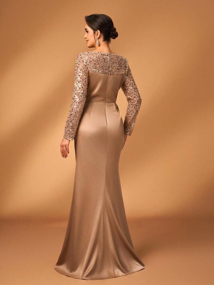 Serin Elegante y lujoso vestido de sirena de satén transparente con mangas largas, aplicaciones de encaje y perlas falsas, adecuado para bodas, fiestas, vacaciones, bailes de graduación, vestido de madre de la novia, Día de San Valentín - Champán - Añade 3