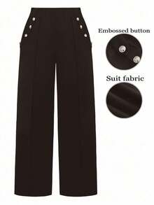 SHEIN CURVE+ 大码女式宽松阔腿休闲商务西装裤，纽扣设计 - 咖啡棕 - 查看 1