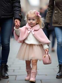 SHEIN 女婴秋冬新款白色蓬松保暖内衬舒适毛绒休闲日常可爱优雅外套斗篷