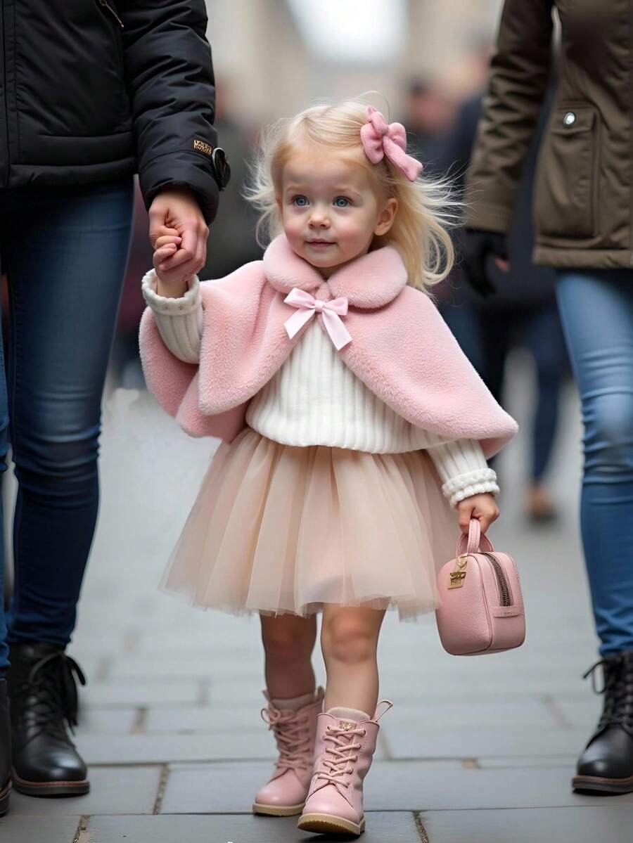 SHEIN 女婴秋冬新款白色蓬松保暖内衬舒适毛绒休闲日常可爱优雅外套斗篷