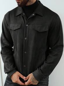 Manfinity Homme Men's Fashionable Versatile Suede Fleece Jacket, Autumn Men Black Jacket