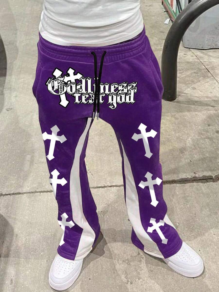 Manfinity EMRG Pantalones de chándal casuales con cordón en la cintura y bolsillo con estampado de letras y cruces para hombres, para rave, emo, estilo de los 2000 - Morado - Ver 1
