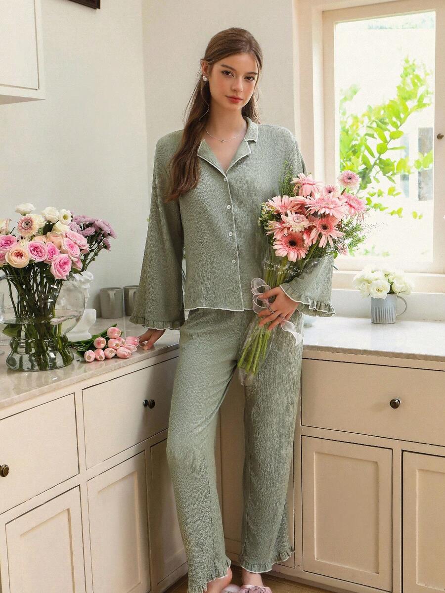 Women Fashionable Comfortable Loose Long Sleeve Top & Pants Pajama Set Lounge Set, Fall Clothes  Cozy And Elegant Details - Green - View 1