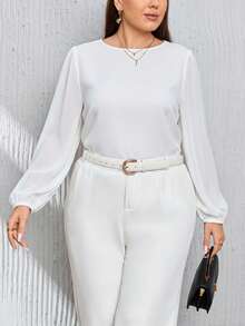 SHEIN Privé Plus Size Women's Solid Color Round Neck Lantern Sleeve Loose Fashion Blouse