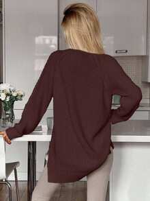 EURMUSE Cable Pattern Mock Neck Raglan Sleeves Mini Sweater Dress - Brown - View 3