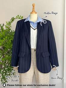 SHEIN LUNE 秋冬大码时尚通勤条纹西装外套 - 藏蓝色 - 查看 3