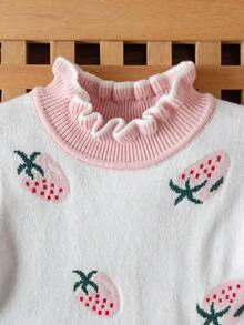 SHEIN Vintaside Kids 女宝宝两件套保暖冬装，可爱草莓图案粉色毛衣搭配弹力腰针织裤，柔软针织毛衣和配套长裤，精致草莓提花面料，荷叶边领口和袖口，可爱日常女宝宝穿搭 - 白色 - 查看 8