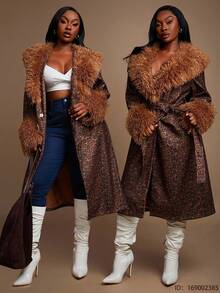 SHEIN SXY Plus Size Women's Brown Autumn Elegant Night Out Club Faux Fur Furry Collar And Cuffs Long Coat With Free Belt,Gorgeous Glamorous Slim Fit Y2K - Multicolor - View 3