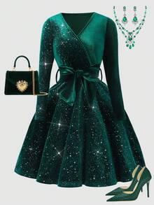 Vestido de manga larga con parches de terciopelo y strass para mujer - Verde Oscuro - Ver 3