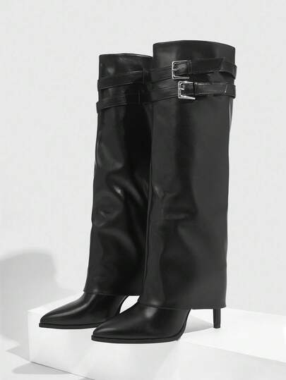 CUCCOO SZL 女士时尚黑色尖头过膝长靴，修身高筒靴，性感马靴