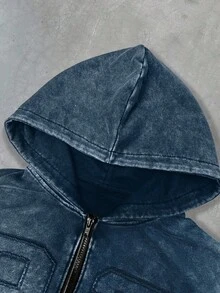 PAVTROS 男士落肩拉链休闲连帽卫衣，字母图案，秋季款 - 藍色 - 查看 4