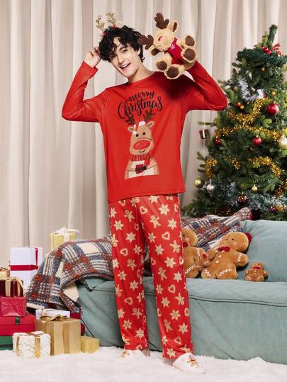 SHEIN Plus Size Men's Comfortable Christmas Reindeer Print Long Sleeve Top And Pants Pajama Set