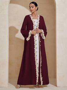 Graceveil Áo khoác cardigan tay dài hở phía trước màu trơn trang trí họa tiết hoa thanh lịch - Màu Đỏ Sâu - Xem 3