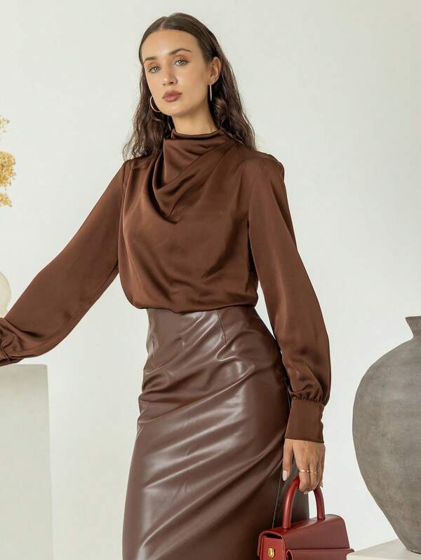 House of One Ruched Mock Neck Long Sleeve Satin Top Women Elegant Casual Old MoneyTop Brown Top Brown Blouse Chocolate Brown Top Dark Brown Top Coffee Brown Top Fall Women Clothes Office Old Money Outfits For Women Fall Outfits Business Professional Women Business Casual Woman