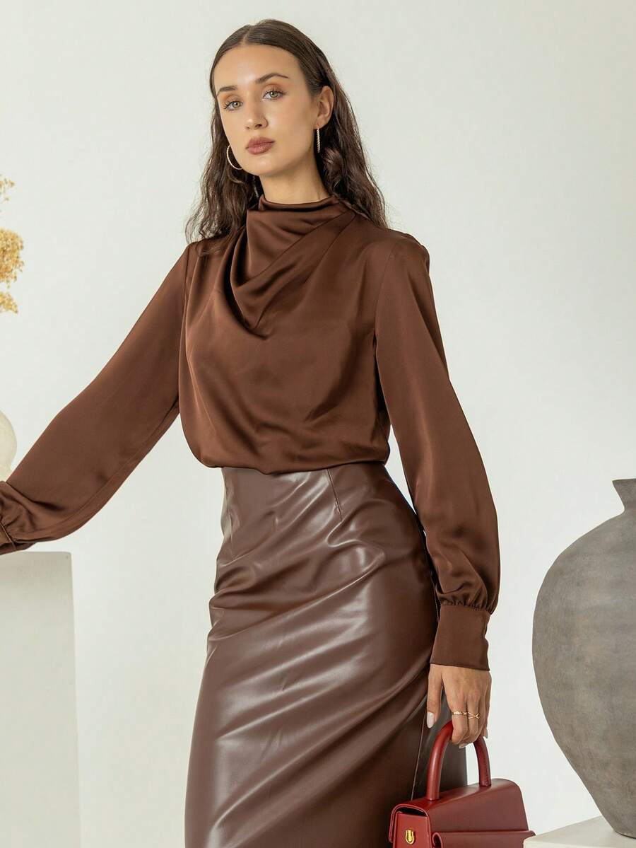 House of One Ruched Mock Neck Long Sleeve Satin Top Women Elegant Casual Old MoneyTop Brown Top Brown Blouse Chocolate Brown Top Dark Brown Top Coffee Brown Top Fall Women Clothes Office Old Money Outfits For Women Fall Outfits Business Professional Women Business Casual Woman