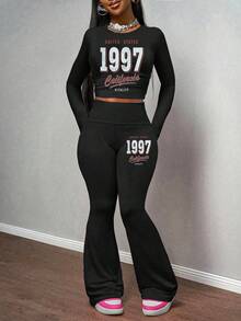 Slaydiva 2025fall Clothes For Women/Winter Clothes For Women/Sets 2 Pieces Women/Flare Jeans/Long Sleeve Tops/Casual Round Simple Collar Long Sleeve Yoga Pants Short Pleated Top Yoga Wide Leg Pants Flared Pants Trousers Women's Two Pieces Suit/Y2k Clothes/Streetwear/Going Out Tops Women/Vintage 1997 Graphic