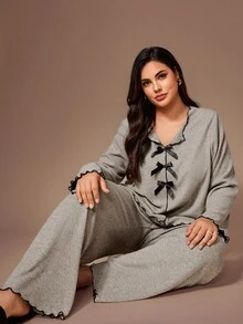 Lazeform Knitted Ribbed Fleece Bow Decor Ruffle Trim Casual Lounge Set,PJSs For Women Curvy Plus Size Loungewear, Cozy Outfit, Fall/Winter Clothes - Khaki - View 6