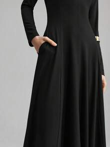 Ontre Đầm maxi dáng chữ A dài tay cổ tròn màu trơn mới mùa Xuân/Hè 2026, đa năng, phù hợp cho đi làm, công sở, đồng phục giáo viên, đầm thanh lịch, đầm đen, đầm dự tiệc. - màu đen - Xem 7