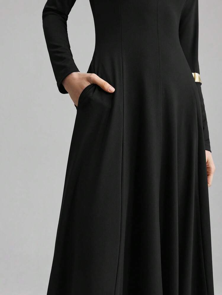 2026 Spring/Summer New Solid Color Round Neck Long Sleeve A-Line Maxi Dress, Versatile For Urban Commute, Business Casual, Office Wear, Teacher Uniform, Elegant Dress, Black Dress, Party Dress