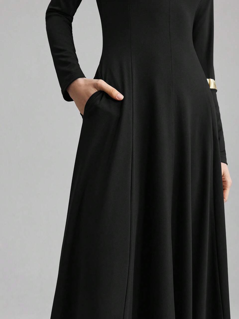 2026 Spring/Summer New Solid Color Round Neck Long Sleeve A-Line Maxi Dress,Black,Autumn,Elegant,Everyday,Versatile For Urban Commute,Business Casual