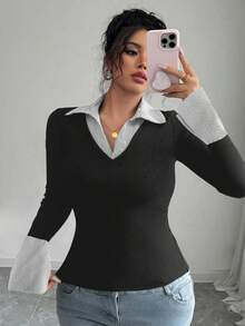 Elenzga 女式加大码优雅撞色领口和袖口设计修身高弹力罗纹面料休闲长袖上衣 - 彩色 - 查看 4