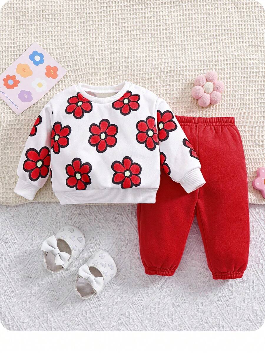 Newborn Baby Girl 2pcs Set, Autumn/Winter Outdoor Casual Pink Knitted Cartoon Floral Fleece Hoodie & Joggers Set, Suitable For Outdoor, Party & Events