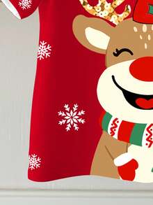 SHEIN Camiseta de manga corta con cuello redondo minimalista casual para niña con diseño lindo de reno navideño, adecuada para el verano y la Navidad