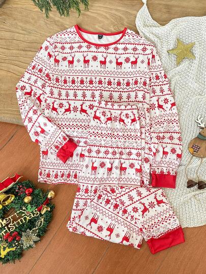 Men's Sleepwear Set, Thin Pajamas For Autumn/Winter, Casual & Comfortable, Festive Christmas Reindeer, Christmas Tree, Snowflake Print, Simple Leisure Long Sleeve Top And Pants, 2 Pieces Matching Family Set, Fall Clothes Family Christmas Pajamas