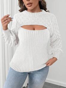 Elenzga Áo len dài tay trơn màu thường ngày cỡ lớn dành cho nữ - trắng - Xem 3