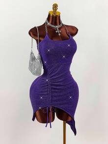 Amplova Iron Chain Decor Square Neck Bodycon Sleeveless Sexy Party Shiny Mini Dress - Purple - View 4