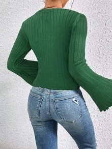 SHEIN Frenchy 生菜边喇叭袖罗纹纹理面料特殊袖针织T恤 - 綠色 - 查看 2