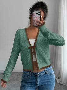 Selianne French Casual Versatile Diamond Textured Long Sleeve Pullover Knit - Green - View 7