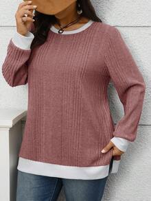 EMERY ROSE Plus Size Casual Colorblock Patchwork Side Slit Sweatshirt, Winter Outfit For Women - Red Violet - View 3