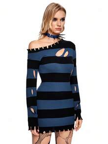 ROMWE Grunge Punk Long Ripped Red & Black Striped Pullover Sweater - Multicolor - View 7