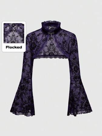 Goth Cárdigan retro de mujer con mangas acampanadas y abertura, con estampado floral en terciopelo, de estilo gótico y versátil