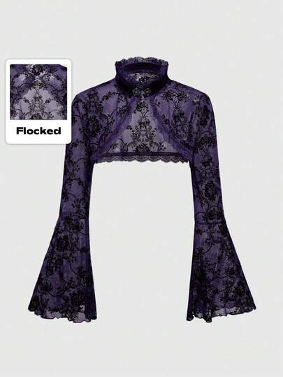 Gothic Versatile Slit Flare Sleeve Women Retro Flocked Floral Cardigan