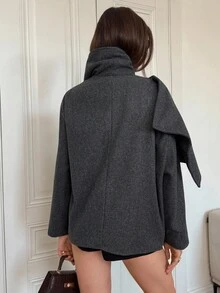 Aloruh Women's Fashionable Asymmetric Overcoat, Autumn/Winter Fall Spring,Graduation,Back To School - Dark Grey - View 2