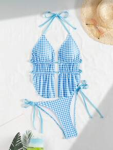 Bonvoyette Women's Plaid Print Halter Ruffle Hem Tankini Swimsuit 2 Pieces Set - Multicolor - View 3