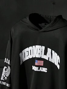 NEON BLANC Men's Letter Graphic Hoodie, For Fall Winter, Long Sleeve Top - Black - View 3