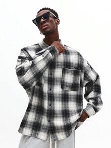 SUMWON Plaid Flannel Button Down Oversized Winter Shacket With Chest Logo Patch Regular Collar Long Sleeve Street Style Casual Outerwear - Black and White - View 3