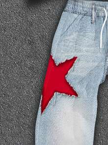 Manfinity ZONE917 Men Distressed Denim Effect Star Print Thermal Lined Hoodie Set, Fall/Winter Clothes