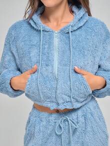 Menodora SHEIN Sport Women's Cozy Fuzzy Blue Hoodie Set, Ultra-Soft Plush Fabric, Front Zip Closure, Drawstring Hood, Warm Pockets, Comfortable Loungewear,Suitable For Winter - Blue - View 2